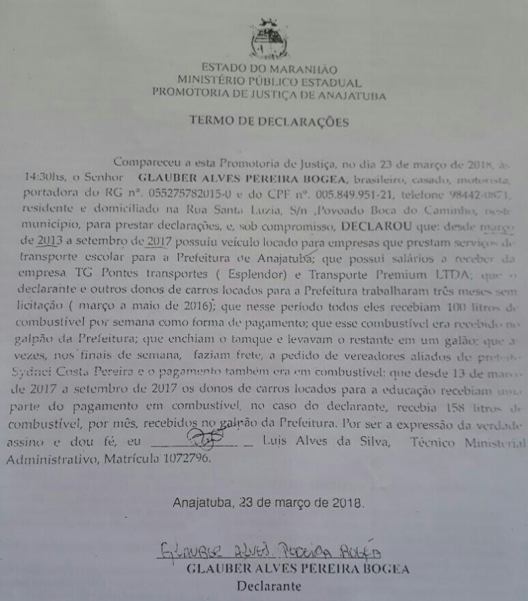 Declaração do Sr. Glauber Alves Pereira Bogea junto ao MP onde este relata como ocorriam as irregularidades