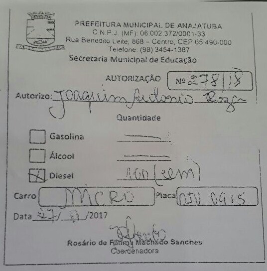 Autorização fornecida e assinada pela coordenadora da Secretaria de Educação Sra. Rosário de Fátima